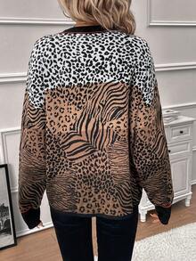 SHEIN Clasi Leopard Pattern Striped Trim Drop Shoulder Sweater - Multicolor - View 2