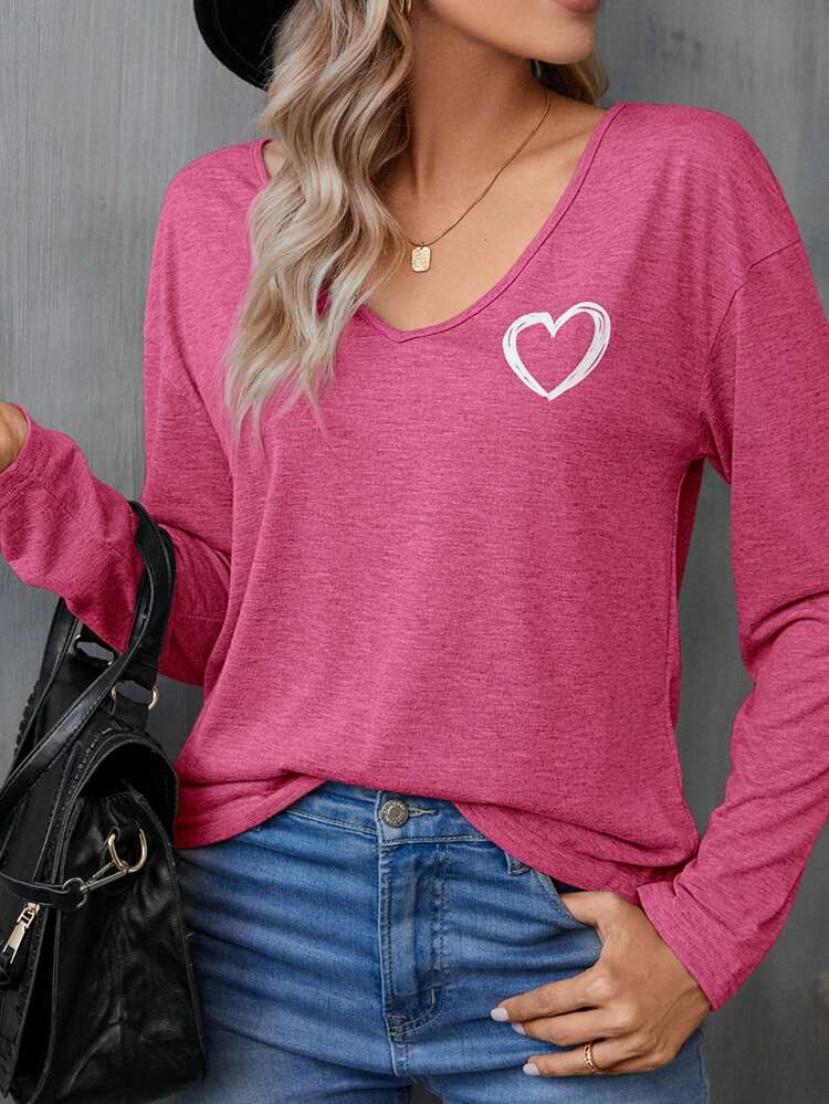 Heart Print Drop Shoulder Tee,Casual