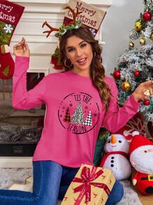 SHEIN EZwear 聖誕圖案T恤 - 玫紅色 - 查看 1