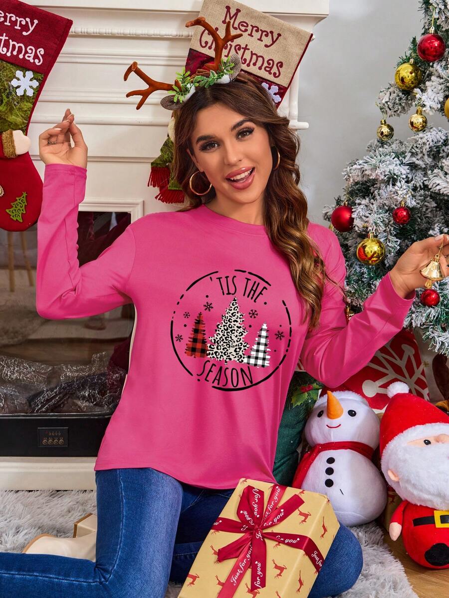 SHEIN EZwear 聖誕圖案T恤 - 玫紅色 - 查看 1