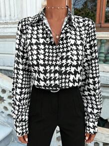 SHEIN Cottnline Shirt mit Hahnentritt Muster, Knopf vorne, - Schwarz und Weiss - Übersicht 4