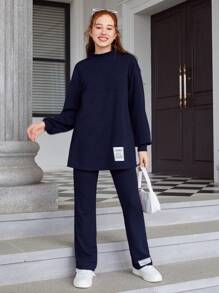 SHEIN Leap Crew Áo phông & quần trễ vai kiểu teen Girl Patched Mock Neck Drop - Màu xanh hải quân - Xem 6