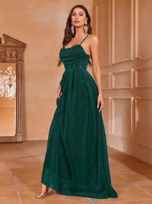 Faeriesty Glitter Lace Up Backless Cami Formal Dress - Dark Green - View 6