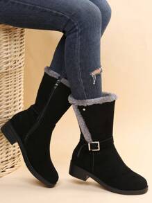 大码黑色过膝绒面革低跟平底性感舞会过膝长靴弹力修身黑色长靴 - 黑色 - 查看 5