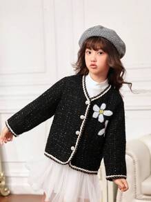SHEIN Young Girl Floral Patched Contrast Binding Button Front Overcoat - Black - View 3