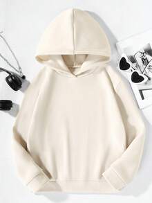 SHEIN Tween Girls ' Fashion Casual Hooded Sweatshirt With Thermal Lined, Slogan & Heart Graphic, Suitable For Vacation - Khaki - View 2