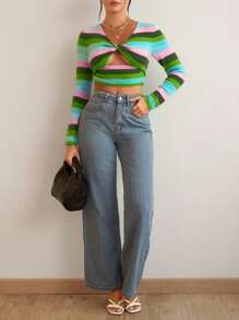 SHEIN Essnce 條紋圖案扭褶正面鏤空短款毛衣 - 彩色 - 查看 5