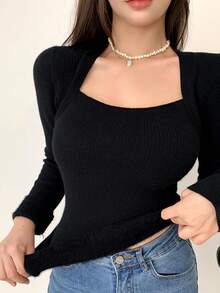 DAZY Cổ vuông Đồ đan Ribbed Áo len - màu đen - Xem 6