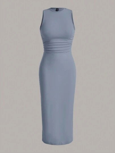 SHEIN EZwear Vestido de tirantes con pliegues en la cintura en color liso, diseño de vestido de verano