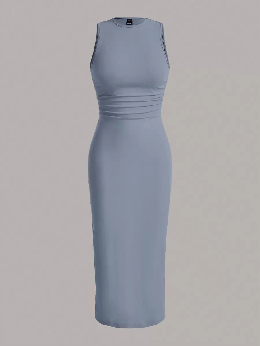 SHEIN EZwear Trang phục mùa hè Đầm suông nhún eo trơn - Màu xanh bụi bặm - Xem 1