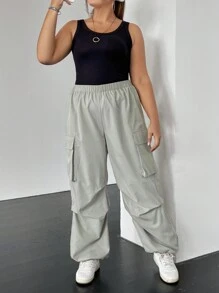 SHEIN EZwear Plus Flap Pocket Side Cargo Pants - Grey - View 5