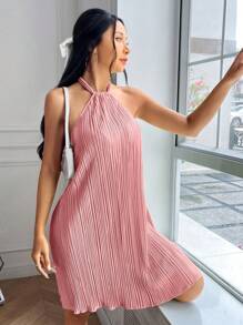 SHEIN EZwear 純色細褶掛脖吊帶吊帶洋裝 - 粉色 - 查看 3