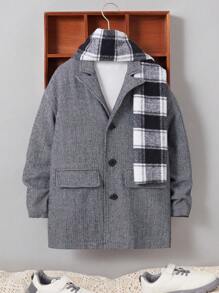 SHEIN Tween Boy Button Front Overcoat & Scarf - Black and White - View 3