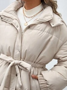 SHEIN Frenchy Plus Drop Shoulder Drawstring Waist Hooded Padded Coat - Apricot - View 5