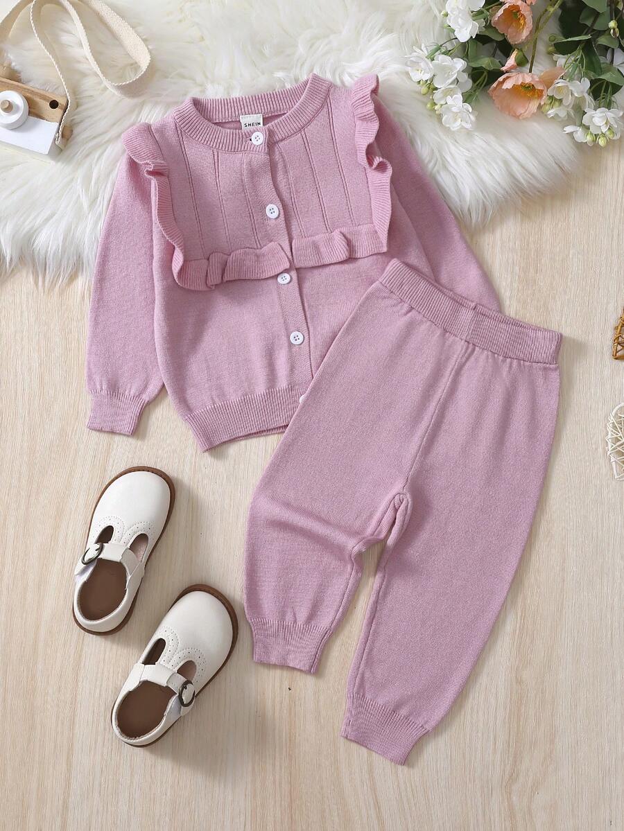 Đứa bé gái Viền Ruffle Áo len Mở & Quần dệt kim - Hồng - Xem 1