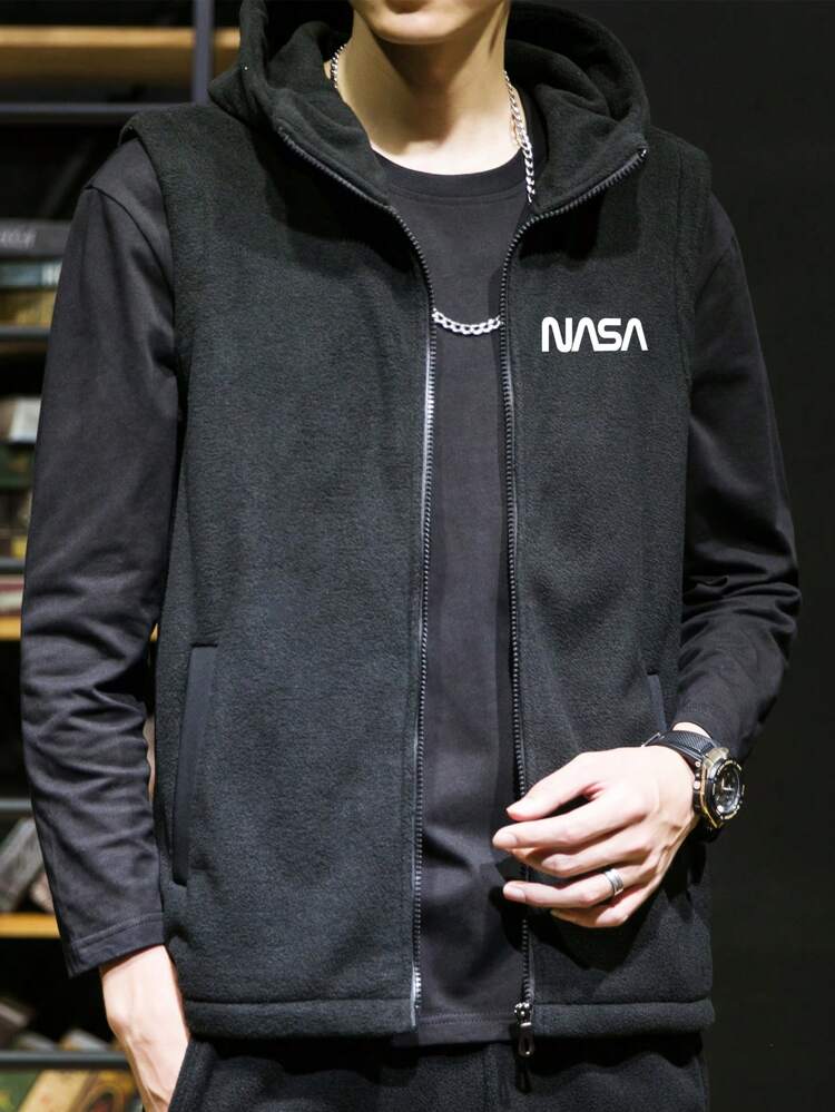 Men Letter Graphic Zip Up Hooded Vest Jacket