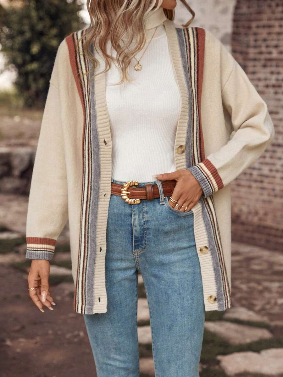 SHEIN LUNE Cárdigan ribete de rayas de hombros caídos - Multicolor - Ver 1