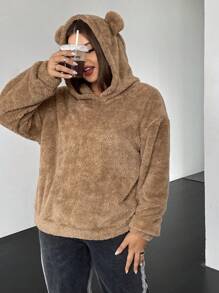 SHEIN EZwear 加大码 3D 耳朵设计落肩泰迪熊卫衣 - 卡其色 - 查看 1