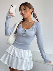 SHEIN EZwear Nút thắt cổ áo phía trước - Xám - Xem 2