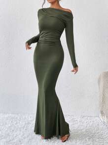 Allurite Vestido largo con cuello asimétrico, drapeado y bajo de cola de sirena para mujeres, atuendo de otoño - Verde militar - Ver 6