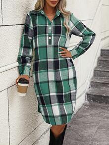 SHEIN LUNE Plaid Print Half Button Shirt Dress - Green - View 6