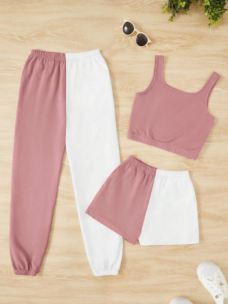 SHEIN 青少年女孩素色背心上衣和雙色衛褲和運動褲 - 粉色 - 查看 1