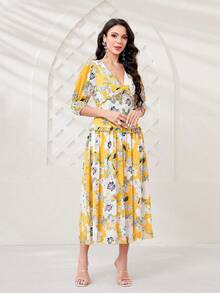 Modelyn Floral Print Puff Sleeve Dress - Yellow - View 5
