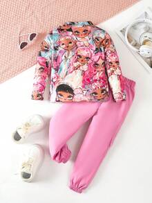 SHEIN Đồ họa hình cô gái trẻÁo phông & quần có túi nắp - Hồng - Xem 2