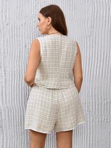 SHEIN Privé 大碼格紋粗花呢馬甲西裝外套&短褲 - 彩色 - 查看 2