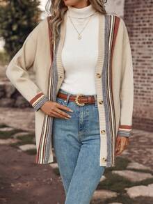 SHEIN LUNE Cárdigan ribete de rayas de hombros caídos - Multicolor - Ver 4