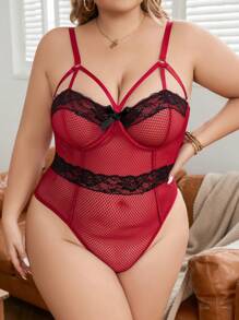 Plus Contrast Lace Mesh Harness Underwire Teddy Bodysuit - Burgundy - View 4