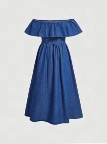 SHEIN MOD Ruffle Off Shoulder Denim Dress - Dark Wash - View 2