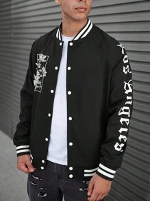 Manfinity Roghcode Men Letter Graphic Striped Trim Raglan Sleeve Varsity Jacket - Black - View 3