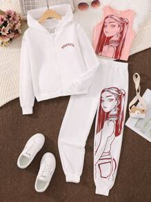 Teen Girl Letter & Figure Graphic Hoodie & Tank Top & Sweatpants