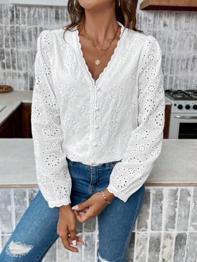 SHEIN Frenchy Eyelet Embroidery Button Front Blouse,Commute,Minimalist,Office,Old Money,Simple,Ladies Casual Button,Contrast Lace,Eyelet Embroidery Long Sleeve V Neck Loose Regular White Puff Sleeve Top Women Blouses,Spring/Fall ,Casual Daily Wear Winter Elegant