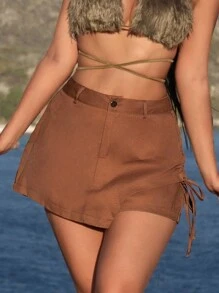 SHEIN SXY Drawstring Side Solid Skort - Brown - View 1