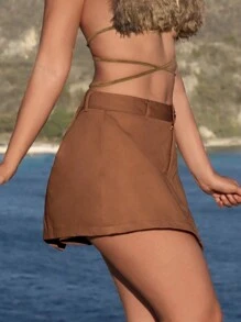 SHEIN SXY Drawstring Side Solid Skort - Brown - View 4