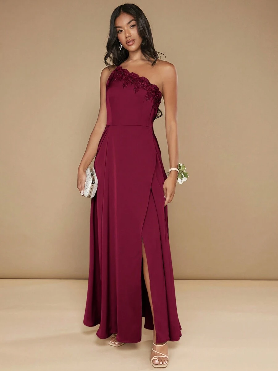 SHEIN Belle Burgundy Red One Shoulder Appliques Detail Wrap Hem Bridesmaid Dress - Burgundy - View 1