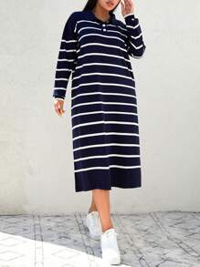 EURMUSE Plus Striped Pattern Drop Shoulder Polo Neck Sweater Dress, For Winter - Navy Blue - View 3