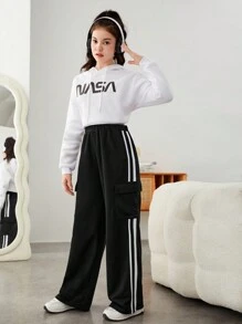 青少年女孩有蓋口袋側條紋有蓋口袋側工裝褲