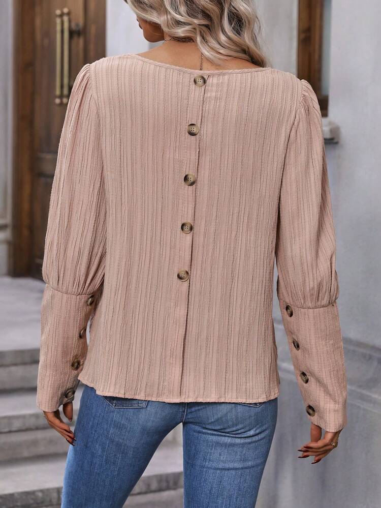 Button Back Gigot Sleeve Blouse