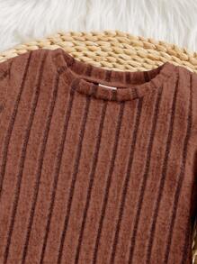 SHEIN Young Girl Solid Ribbed Knit Tee & Pants - Brown - View 4