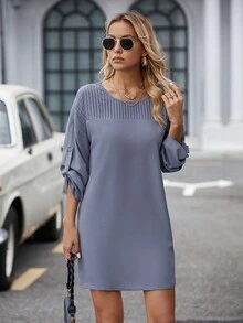 SHEIN LUNE Solid Roll Up Sleeve Dress - Dark Grey - View 4