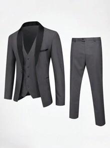CLOUDSTYLE Hombres talla grande de color combinado con diseño de solapa Blazer & Chaleco con pantalones Traje Set - Gris Oscuro - Ver 9