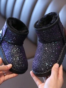 Kids Unisex Sparkly Lightweight Waterproof Round Toe Slip-On Flat Snow Boots Plush Lining For Outdoor And Daily Wear - Black - View 2