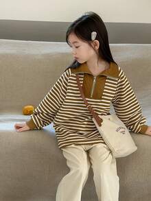 Girls Striped Drop Shoulder Zip Up Sweatshirt - Coffee Brown - View 2