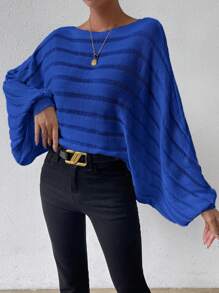 SHEIN LUNE Batwing Sleeve Knit Pullover Fall Winter Sweater - Blue - View 5