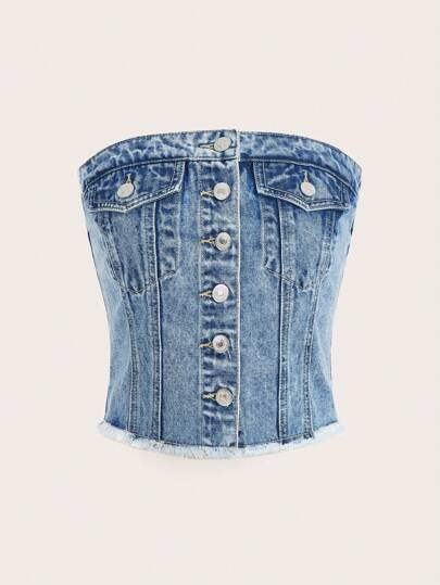 SHEIN MOD Raw Hem Button Front Tube Denim Top