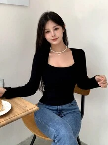 DAZY Cổ vuông Đồ đan Ribbed Áo len - màu đen - Xem 3
