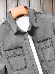 Manfinity Men Flap Pocket Denim Shirt Without Tee - Grey - View 5